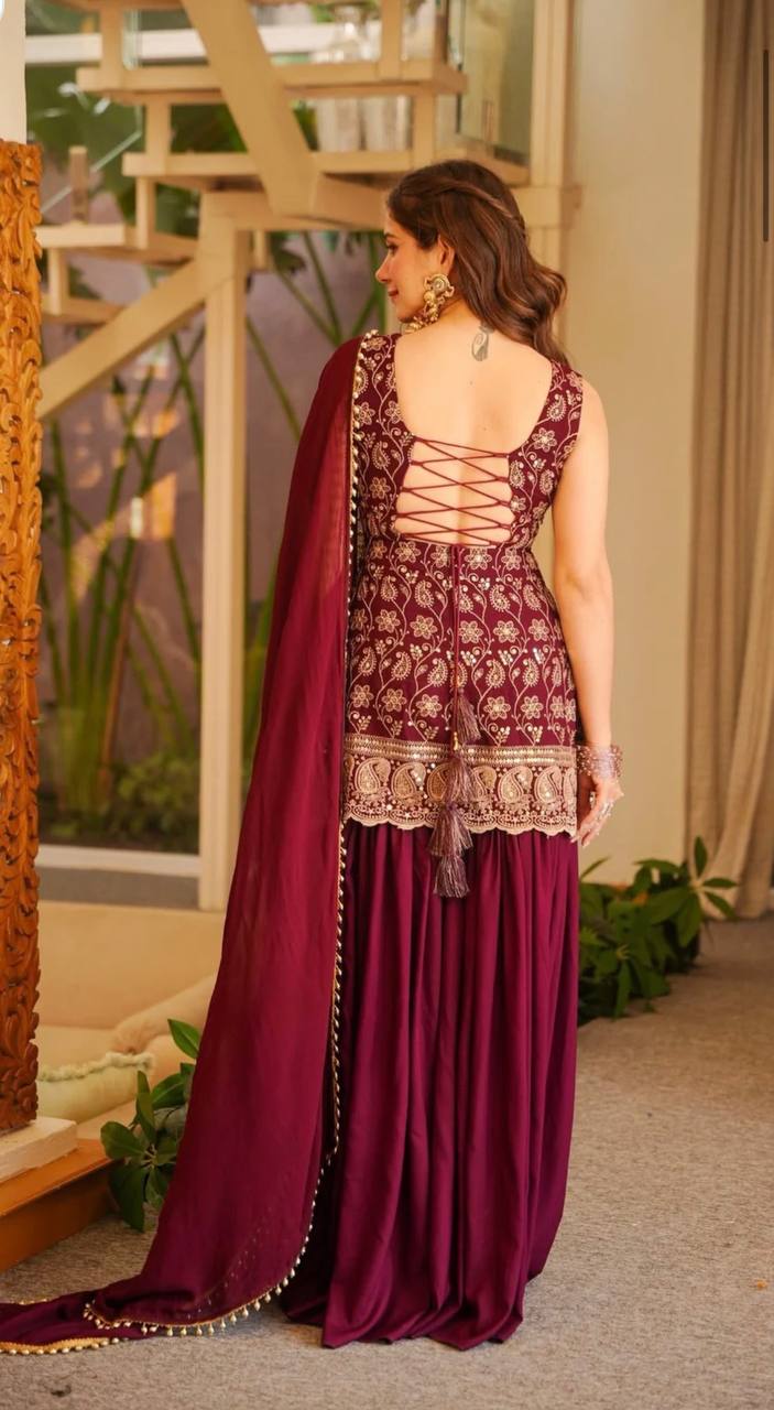 Deep Ruby Floral-Embroidered Silk Set